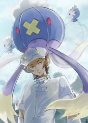 Rule 34 | 1boy, 3others, aether foundation employee, aether foundation employee (male), aether foundation uniform, brown eyes, brown hair, buttons, closed mouth, commentary request, creatures (company), day, drifblim, drifloon, evolutionary line, game freak, gen 4 pokemon, gloves, hat, highres, jumpsuit, kirilag po, looking at viewer, looking down, male focus, multiple others, nintendo, outdoors, pokemon, pokemon (creature), pokemon sm, short hair, short sleeves, sky, white gloves, white headwear, white jumpsuit