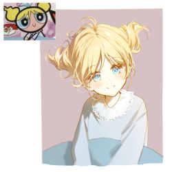 Rule 34 | 1girl, blonde hair, blue eyes, blue pajamas, blush, buttercup redraw challenge (meme), derivative work, highres, looking at viewer, meme, pajamas, powerpuff girls, reference inset, screenshot inset, screenshot redraw, shadow, smile, solo, twintails, upper body, xuanqing0726