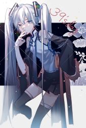 Rule 34 | 1girl, 39, aono 99, bad id, bad pixiv id, bare shoulders, black skirt, black sleeves, black thighhighs, blue eyes, blue hair, blue necktie, chinese clothes, commentary, covering own mouth, detached sleeves, diffraction spikes, feet out of frame, floral background, hair ornament, hand over own mouth, hatsune miku, hatsune miku expo, leaning forward, leg up, lens flare, light blue hair, long hair, looking at viewer, miniskirt, necktie, pleated skirt, shirt, skirt, sleeveless, sleeveless shirt, solo, standing, thighhighs, twintails, very long hair, vocaloid, w, white shirt, wide sleeves, zettai ryouiki