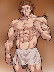 Rule 34 | 1boy, abs, bara, brown hair, deliford, feet out of frame, granblue fantasy, highres, large pectorals, long sideburns, looking at viewer, male focus, mature male, muscular, muscular male, naked towel, navel, nipples, official alternate costume, pectorals, penis, penis peek, sauna, shirako (kirupi), short hair, sideburns, smile, solo, standing, stomach, sweat, thighs, topless male, towel, wet