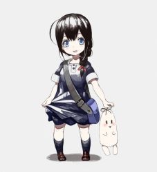 Rule 34 | 10s, 1girl, :d, aged down, ahoge, bad drawr id, bad id, black hair, blue eyes, blue socks, braid, brown footwear, character doll, chibi, full body, hair ribbon, kantai collection, kneehighs, loafers, looking at viewer, open mouth, rayvon, red ribbon, ribbon, shigure (kancolle), shoes, short sleeves, side braid, sidelocks, simple background, skirt, smile, socks, solo, stuffed toy, tareme, tress ribbon, white background, yuudachi (kancolle)