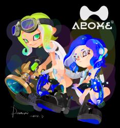 Rule 34 | 2girls, absurdres, artist name, black footwear, blue hair, closed mouth, commentary, daami (daami2000), dapple dualies (splatoon), dated, dual wielding, full body, goggles, goggles on head, green eyes, green hair, grey eyes, gun, highres, holding, holding gun, holding weapon, looking at viewer, medium hair, multiple girls, nintendo, octoling, octoling girl, octoling player character, shoes, smile, splatoon (series), splatoon 3, sploosh-o-matic (splatoon), symbol-only commentary, tentacle hair, weapon, white-framed eyewear