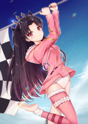 Rule 34 | 1girl, absurdres, bad id, bad pixiv id, black hair, blush, catnnn, commentary request, earrings, fate/grand order, fate (series), flag, fur trim, highres, holding, holding flag, hood, hood down, ishtar (fate), ishtar (swimsuit rider) (fate), jacket, jewelry, leg up, long hair, long sleeves, looking at viewer, parted bangs, pink jacket, pink thighhighs, red eyes, ribbon, single thighhigh, smile, solo, swimsuit, thighhighs, two side up