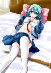 Rule 34 | 10s, 1girl, :o, aqua eyes, aqua hair, armband, bed sheet, blush, bow, breasts, divine gate, fingers together, hair bow, highres, jacket, looking at viewer, lying, medium breasts, midriff, nanaume (shichimi tougarashi), navel, necktie, no shoes, on back, on bed, open clothes, open jacket, open skirt, panties, parted lips, pillow, pink bow, pleated skirt, red necktie, school uniform, shinai, short hair, skirt, solo, stomach, sword, thighhighs, underboob, underwear, vivian (divine gate), weapon, white panties, white thighhighs