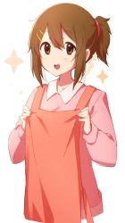 Rule 34 | 1girl, apron, apron hold, atu, brown eyes, brown hair, collared shirt, commentary, hair ornament, hairclip, highres, hirasawa yui, k-on!, long sleeves, looking at viewer, medium hair, open mouth, pink sweater, ponytail, red apron, shirt, simple background, smile, solo, star (symbol), sweater, teeth, twitter username, upper body, upper teeth only, white background