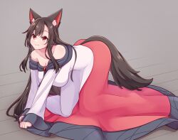 Rule 34 | 1girl, all fours, animal ear fluff, animal ears, bare shoulders, breasts, brown hair, cleavage, closed mouth, commentary request, full body, grey background, hashi2387, highres, imaizumi kagerou, large breasts, light blush, long hair, looking at viewer, off-shoulder shirt, off shoulder, on floor, pink skirt, red eyes, red skirt, shirt, simple background, skirt, smile, solo, tail, touhou, v arms, very long hair, white shirt, wolf ears, wolf tail, wooden floor