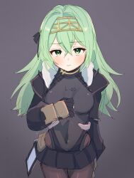 Rule 34 | 1girl, absurdres, armored gloves, belt pouch, black bodysuit, black ribbon, black skirt, blush, bodysuit, breasts, fur collar, goddess of victory: nikke, green eyes, green hair, hair ribbon, hairband, highres, kilo (nikke), long hair, long sleeves, looking at viewer, montamo739, pouch, ribbon, simple background, skin tight, skirt, small breasts, solo