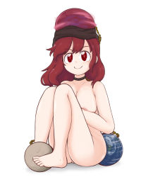 Rule 34 | 1girl, bare arms, bare legs, bare shoulders, barefoot, breasts, brown choker, brown headwear, chain, choker, closed mouth, commentary, earth (ornament), english commentary, gold chain, hair between eyes, hecatia lapislazuli, highres, keb00b, leg up, looking away, medium breasts, medium hair, moon (ornament), nipples, nude, red eyes, red hair, shadow, simple background, sitting, smile, solo, toenails, touhou, underworld (ornament), white background