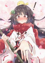 Rule 34 | 1girl, bird, black hair, blush, commentary request, dress, girls&#039; frontline, hair ornament, highres, holding, hyakka onibi, jewelry, long hair, long sleeves, looking at viewer, official alternate costume, petals, red eyes, red scarf, ring, scarf, simple background, solo, type 100 (girls&#039; frontline), type 100 (gunslinger miko) (girls&#039; frontline), white dress