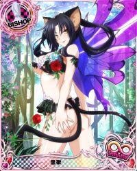 Rule 34 | 10s, 1girl, animal ears, ass, bishop (chess), black hair, blush, breasts, card (medium), cat ears, cat girl, cat tail, character name, chess piece, cleavage, covered erect nipples, female focus, flower, hair rings, high school dxd, high school dxd infinity, kuroka (high school dxd), large breasts, lingerie, lipstick, makeup, multiple tails, official art, purple lips, red flower, red rose, rose, smile, solo, tail, torn clothes, trading card, underboob, underwear, wings, yellow eyes