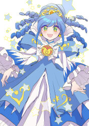 1girl absurdres blue_dress blue_hair bow bowtie brooch dot_nose dress drill_hair earrings eyelashes feet_out_of_frame floating_clothes floating_hair frilled_sleeves frills fushigiboshi_no_futago_hime gown green_eyes green_pupils hair_bun half_updo highres jewelry light_blush long_dress long_hair long_sleeves magical_girl open_mouth princess rein_(futagohime) shocho_(shaojiujiu) single_hair_bun smile solo star_(symbol) star_earrings star_symbol_background tiara white_background white_bow white_bowtie white_sleeves yellow_tiara