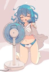 Rule 34 | 1girl, aoi tori, barefoot, blue hair, blue panties, bow, bow panties, clothes lift, dress, dress lift, electric fan, closed eyes, fang, feet, highres, kneeling, lifted by self, navel, open mouth, original, panties, short hair, sleeveless, sleeveless dress, smile, solo, teru-chan (aoi tori), thighs, toes, two-tone panties, underwear, white dress, white panties