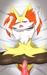 Rule 34 | 1girl, animal ear fluff, animal ears, animal nose, animal penis, aoinu111, arms up, bad id, bad pixiv id, bed sheet, bestiality, blush, braixen, breasts, clitoris, covered navel, creatures (company), disembodied penis, dog, dog penis, erection, fangs, fox ears, fox tail, from above, furry, furry female, furry male, furry with furry, game freak, gen 6 pokemon, half-closed eyes, highres, interspecies, knotted penis, looking at viewer, lying, navel, nintendo, on back, open mouth, penis, pillow, pokemon, pokemon (creature), pokemon xy, pokephilia, pov, saliva, sex, solo focus, spread legs, tail, teeth, tongue, uncensored, vaginal