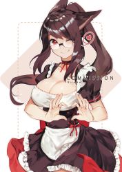Rule 34 | 1girl, animal ears, apron, warrior of light (ff14), black choker, black dress, black hair, breasts, brown hair, cat ears, choker, cleavage, commentary, commission, dress, final fantasy, final fantasy xiv, frills, glasses, large breasts, long hair, looking at viewer, maid, maid apron, original, ponytail, puffy short sleeves, puffy sleeves, red ribbon, ribbon, rirene rn, short sleeves, smile, solo