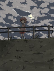 Rule 34 | 1girl, arms at sides, backlighting, black eyes, brown hair, brown sweater, cloud, cloudy sky, expressionless, grass, hill, long sleeves, looking at viewer, moon, night, no sclera, original, outdoors, pleated skirt, railing, red skirt, short hair, skirt, sky, socks, solo, standing, sway back, sweater, umi ha kirai, white socks, wide shot