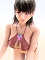 Rule 34 | 1girl, 3d, bent over, bikini, breasts, brown eyes, brown hair, cleavage, covered erect nipples, earrings, female focus, gradient background, incise soul, jewelry, m-rs, necklace, smile, solo, swimsuit, white background