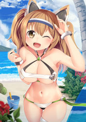 Rule 34 | 1girl, ;d, armpits, bare shoulders, beach, bikini, blue sky, blush, bracelet, breasts, brown eyes, bucket, cleavage, cloud, collarbone, commentary request, cosplay, cowboy shot, day, food, fruit, gene (pso2), gene (pso2) (cosplay), groin, hair between eyes, hairband, halterneck, hand up, headgear, highres, i-26 (kancolle), jewelry, kantai collection, large breasts, light brown hair, long hair, looking at viewer, midriff, mountainous horizon, navel, ocean, one eye closed, open mouth, outdoors, palm tree, phantasy star, phantasy star online 2, shovel, sidelocks, skindentation, sky, smile, solo, standing, swimsuit, thigh gap, thigh strap, tree, two-tone hairband, two side up, underboob, watermelon, white bikini, yasume yukito