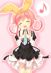 Rule 34 | 10s, 1girl, :d, ^ ^, blush, bow, closed eyes, cowboy shot, dearoliha, dress, closed eyes, hair bow, hair rings, head tilt, highres, long hair, long sleeves, looking at viewer, musical note, necktie, open mouth, outline, own hands together, pink background, pink hair, school uniform, sherlock shellingford, sidelocks, simple background, smile, solo, spoken musical note, tantei opera milky holmes, white outline