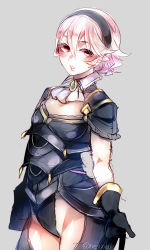 Rule 34 | 1girl, armor, black armor, black gloves, black hairband, blush, breasts, cleavage, commentary request, corrin (female) (fire emblem), corrin (fire emblem), cowboy shot, curly hair, expressionless, fantasy, fire emblem, fire emblem fates, gem, gloves, gold trim, grey background, groin, hairband, half-closed eyes, highleg, lips, looking at viewer, medium breasts, negiwo, nintendo, outstretched arm, parted lips, pink hair, pointy ears, reaching, reaching towards viewer, red eyes, short hair, short sleeves, simple background, sketch, solo, standing, twitter username, wing collar