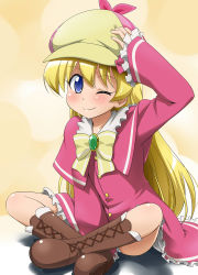 Rule 34 | 1girl, blonde hair, blue eyes, blush, boots, child, cosplay, crossover, hat, indian style, knee boots, crossed legs, long hair, one eye closed, pani poni dash!, rebecca miyamoto, sherlock shellingford, sherlock shellingford (cosplay), sitting, smile, solo, tantei opera milky holmes, wink, youkan, aged down