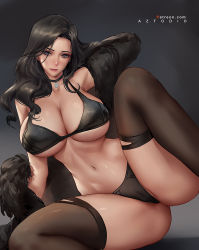 Rule 34 | 1girl, aztodio, bare shoulders, bikini, black bikini, black coat, black hair, black thighhighs, blush, breasts, choker, cleavage, coat, collarbone, fur-trimmed coat, fur trim, grey eyes, large breasts, long hair, looking at viewer, navel, off shoulder, parted bangs, solo, spread legs, swimsuit, the witcher (series), the witcher 3, thighhighs, thighs, yennefer