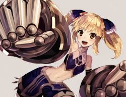 Rule 34 | 1girl, bare shoulders, blonde hair, chinese clothes, collar, dudou, flat chest, gauntlets, giant fist, gloves, looking at viewer, midriff, mika returna, open mouth, short twintails, suzunashi, twintails, under night in-birth, under night in-birth exe:late[st], weapon, yellow eyes