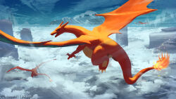Rule 34 | above clouds, absurdres, charizard, claws, cloud, commentary request, creatures (company), dragon, fangs, flame-tipped tail, flying, game freak, gen 1 pokemon, highres, kouseki (ujyh7732), looking back, nintendo, no humans, open mouth, pokemon, pokemon (creature), watermark