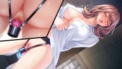 Rule 34 | 1girl, anus, ass, blush, breasts, brown hair, cellphone, censored, closed eyes, covered erect nipples, embarrassed, erocas! ~jikkyou! inran hoken&#039;i~, exhibitionism, eyebrows hidden by hair, feet out of frame, female focus, game cg, groin, highres, holding, holding phone, lab coat, large breasts, legs, long hair, mole, mole under eye, mosaic censoring, multiple views, navel, no bra, object insertion, open mouth, original, peeing, phone, public indecency, pussy, pussy juice, recording, saitou machiko (erocas), sex toy, solo, standing, thighs, vaginal, vaginal object insertion, vibrator, wet, yoshino keiko
