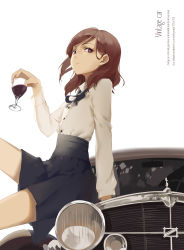Rule 34 | 10s, 1girl, alcohol, car, cup, drinking glass, english text, highres, huanxiang heitu, legs, looking at viewer, love live!, love live! school idol festival, love live! school idol project, motor vehicle, nishikino maki, on vehicle, purple eyes, red hair, short hair, sitting, skirt, solo, vehicle, wine, wine glass