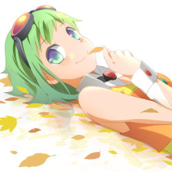 Rule 34 | 1girl, amulet, autumn leaves, bare shoulders, commentary, goggles, goggles on head, green eyes, green hair, gumi, holding, holding leaf, leaf, looking at viewer, lying, on back, orange shirt, red goggles, reflection, riku kanna, shirt, short hair, sleeveless, sleeveless shirt, smile, solo, upper body, vocaloid, white background, wrist cuffs
