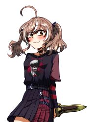Rule 34 | ahoge, asymmetrical bangs, belt, black belt, black choker, black shirt, black skirt, black sweater, brown eyes, brown hair, choker, closed mouth, commentary, dagger, ddolbang, english commentary, hair over one eye, half-skirt, heart, heart choker, highres, holding, holding dagger, holding knife, holding weapon, hololive, hololive english, huge ahoge, jewelry, knife, layered sleeves, long hair, long sleeves, multicolored hair, nanashi mumei, nanashi mumei (emo), necklace, nightmare (nanashi mumei), official alternate costume, official alternate hairstyle, pendant choker, pleated skirt, print shirt, red sweater, shirt, short over long sleeves, short sleeves, skirt, smile, streaked hair, striped clothes, striped sweater, sweater, sweater under shirt, t-shirt, torn clothes, torn sweater, twintails, virtual youtuber, weapon