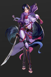 Rule 34 | 1girl, armor, black background, bodysuit, breasts, cian yo, covered navel, fate/grand order, fate (series), full body, highres, holding, holding sword, holding weapon, huge breasts, japanese armor, katana, loincloth, long hair, low-tied long hair, minamoto no raikou (fate), parted bangs, purple bodysuit, purple eyes, purple hair, ribbed sleeves, rope, sandals, sword, tabard, very long hair, weapon