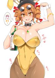 Rule 34 | 1girl, :d, ?, alcohol, alternate breast size, animal ears, arm up, armpits, bangle, bare shoulders, black bow, black bowtie, black hat, blush, bottle, bouncing breasts, bow, bowtie, bracelet, breasts, brown hair, brown pantyhose, cleavage, collarbone, commentary request, covered erect nipples, covered navel, cowboy shot, cup, curvy, detached collar, drill hair, drinking glass, earrings, eyewear on head, fake animal ears, fang, flying sweatdrops, glint, hair between eyes, hair ribbon, hat, heart, highleg, highleg leotard, highres, holding, holding bottle, holding cup, jewelry, large breasts, legs together, leotard, looking at viewer, necklace, open mouth, pantyhose, pendant, playboy bunny, rabbit ears, red ribbon, ribbon, ring, roki (hirokix), round eyewear, shiny skin, short hair, simple background, smile, solo, sound effects, sparkle, spoken heart, spoken question mark, standing, strapless, strapless leotard, sunglasses, sweat, top hat, touhou, twin drills, twintails, white background, wine glass, wrist cuffs, yellow eyes, yellow leotard, yorigami jo&#039;on