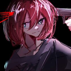 1girl black_background blue_eyes closed_mouth collarbone girls_band_cry grey_shirt gun gun_to_head hair_between_eyes handgun hibioes holding holding_gun holding_weapon iseri_nina looking_at_viewer red_hair shirt short_hair sidelocks simple_background solo suicide upper_body weapon