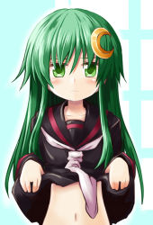 Rule 34 | 10s, 1girl, blush, bottomless, clothes lift, crescent, crescent hair ornament, gradient background, green eyes, green hair, hair ornament, ichimi, kantai collection, long hair, long sleeves, looking at viewer, matching hair/eyes, nagatsuki (kancolle), naked shirt, navel, neckerchief, out-of-frame censoring, school uniform, serafuku, shirt, shirt lift, solo, stomach, very long hair, white neckerchief