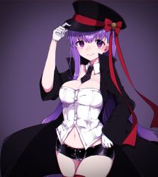 Rule 34 | &gt;:), 10s, 1girl, bb (fate), bb (fate/extra), black coat, black hat, black necktie, black shorts, blush, bow, breasts, cleavage, closed mouth, coat, cowboy shot, detached collar, fate/extra, fate/extra ccc, fate (series), gloves, gradient background, hand on headwear, hat, hat bow, highres, long hair, looking at viewer, medium breasts, navel, necktie, open clothes, open coat, peaked cap, purple background, purple eyes, purple hair, red bow, short necktie, short shorts, shorts, smile, solo, standing, straight hair, strapless, takae (poupee en biscuit), tareme, v-shaped eyebrows, very long hair, white gloves