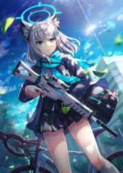 Rule 34 | 1girl, animal ears, assault rifle, bag, bicycle, blue archive, blue eyes, building, cloud, commentary request, grey hair, gun, hair ornament, hairclip, halo, highres, medium hair, nogi lief, outdoors, revision, rifle, scarf, school uniform, shiroko (blue archive), sig sauer, sig sauer 556, sky, solo, tree, trigger discipline, weapon, wolf ears