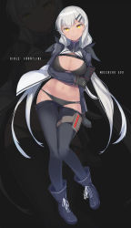 Rule 34 | 1girl, absurdres, aosora kamiya, black background, black bra, black gloves, black panties, black pantyhose, boots, bra, breasts, character name, cleavage, clothes pull, dark-skinned female, dark skin, girls&#039; frontline, gloves, hair ornament, hairclip, highres, long hair, looking at viewer, m590 (girls&#039; frontline), panties, pantyhose, pantyhose pull, smile, solo, underwear, white hair, yellow eyes, zoom layer