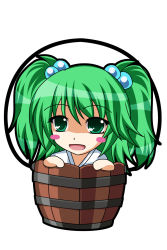 Rule 34 | 1girl, bad id, bad pixiv id, bucket, chibi, female focus, green eyes, green hair, highres, in bucket, in container, kisume, onsen tamago (nurumayu onsen), simple background, solo, touhou, white background