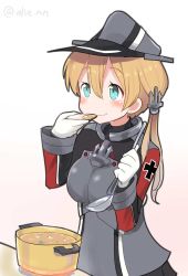 Rule 34 | 1girl, ahenn, aqua eyes, black skirt, blonde hair, blush, breasts, food, gloves, gradient background, hair between eyes, hat, holding, holding ladle, kantai collection, ladle, large breasts, long hair, long sleeves, military, military hat, military uniform, miso soup, peaked cap, pleated skirt, pot, prinz eugen (kancolle), skirt, smile, solo, twitter username, uniform, white gloves