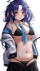 Rule 34 | 1girl, absurdres, bikini, black bikini, black skirt, blue archive, blue hair, blue necktie, blush, breasts, cleavage, closed mouth, clothes pull, commentary, cowboy shot, detached collar, eyelashes, halo, highres, jacket, kim leeyoon, large breasts, long hair, looking to the side, miniskirt, navel, necktie, off shoulder, open clothes, open jacket, parted bangs, pleated skirt, simple background, skirt, skirt pull, solo, stomach, swimsuit, symbol-only commentary, two side up, white background, white jacket, yuuka (blue archive)