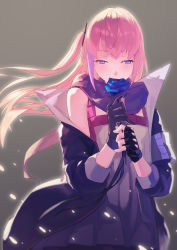 Rule 34 | 1girl, absurdres, armband, asymmetrical gloves, black gloves, blue eyes, blue flower, blue rose, blush, buckle, covered mouth, dress, fingerless gloves, floating hair, flower, flower over mouth, girls&#039; frontline, gloves, glowing, hair ornament, half-closed eyes, highres, holding, holding flower, jacket, long hair, looking at viewer, migime no yuugure, multicolored hair, off shoulder, one side up, pink hair, ribbon, rose, scarf, single fingerless glove, solo, st ar-15 (girls&#039; frontline), streaked hair, uneven gloves, wind, wind lift