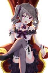Rule 34 | 1girl, :d, blush, chair, crossed legs, cup, detached collar, dress, drill hair, frilled dress, frilled straps, frills, grey hair, grey thighhighs, hair ribbon, high heels, highres, holding, holding cup, idolmaster, idolmaster cinderella girls, idolmaster cinderella girls starlight stage, kanzaki ranko, kichi (kichifav), looking at viewer, medium hair, open mouth, purple dress, purple eyes, purple ribbon, ribbon, sitting, sleeveless, sleeveless dress, smile, solo, teacup, thighhighs, twin drills, wrist cuffs
