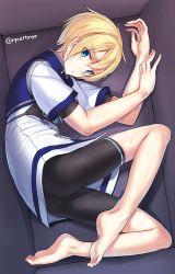 Rule 34 | 1girl, androgynous, barefoot, bike shorts, blonde hair, blue eyes, box, feet, female focus, highres, in box, in container, iris (ryou@ryou), lying, on side, original, reverse trap, ryou@ryou, short hair, solo, toes, twitter username