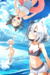 Rule 34 | 3girls, animal ears, bare shoulders, beach, bikini, black hair, blue eyes, blush, cat ears, cloud, covered navel, day, flat chest, groin, highres, innertube, long hair, looking at viewer, multiple girls, ocean, one-piece swimsuit, open mouth, original, outdoors, partially submerged, red eyes, revision, short hair, silver hair, sky, slit pupils, smile, swim ring, swimsuit, upside-down, water, white one-piece swimsuit, yunar