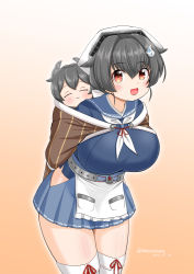 Rule 34 | 2girls, :3, aged down, apron, arms behind back, baby, bandana, black hair, blue sailor collar, blue skirt, boots, breasts, brown shawl, closed eyes, dated, gradient background, hair between eyes, hair flaps, hair ornament, headgear, holding, holding baby, huge breasts, i-47 (kancolle), jingei (kancolle), kantai collection, masara (chuujou), multiple girls, neckerchief, open mouth, pleated skirt, red eyes, sailor collar, shawl, simple background, skirt, thigh boots, thighhighs, twitter username, waist apron, whale hair ornament, white neckerchief