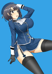 Rule 34 | 10s, 1girl, ascot, beret, black gloves, black hair, black thighhighs, blue background, blush, breasts, dutch angle, garter straps, gloves, hat, jacket, kantai collection, large breasts, military, military jacket, military uniform, open mouth, pencil skirt, personification, red eyes, shijou sadafumi, short hair, simple background, skirt, smile, solo, takao (kancolle), thighhighs, uniform, white ascot