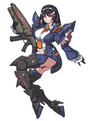 Rule 34 | 1girl, android, ass, black hair, boots, breasts, brups tv, commentary, commission, english commentary, gun, highres, holding, holding gun, holding weapon, humanoid robot, joints, large breasts, lisa (pso2), looking at viewer, phantasy star, phantasy star online 2, pink eyes, robot, robot joints, science fiction, skindentation, smirk, solo, thigh boots, thighhighs, weapon, white background