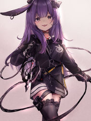 Rule 34 | 1girl, :d, akebisousaku, animal ears, arknights, black bow, black gloves, black jacket, blush, bow, breasts, brown background, commentary request, ear piercing, gloves, gradient background, grey background, grey eyes, hair bow, highres, jacket, long hair, long sleeves, looking at viewer, open mouth, piercing, purple hair, rabbit ears, rope (arknights), small breasts, smile, solo, very long hair