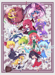 Rule 34 | &gt;:), 6+girls, :d, ^ ^, apron, aqua eyes, arm up, ascot, asymmetrical hair, bad id, bad pixiv id, bat wings, black hair, blonde hair, blue eyes, blue hair, book, border, bow, broom, broom riding, chibi, china dress, chinese clothes, cirno, closed eyes, crescent, daiyousei, detached sleeves, dress, embodiment of scarlet devil, everyone, closed eyes, fairy wings, fangs, female focus, fighting stance, flandre scarlet, green eyes, green hair, hair bow, hair ribbon, hair tubes, hakurei reimu, hat, hat bow, hat ribbon, head wings, hong meiling, izayoi sakuya, kirisame marisa, knife, koakuma, laevatein, long hair, maid, maid apron, maid headdress, mary janes, mikazuki sara, multiple girls, necktie, ofuda, one eye closed, open mouth, outstretched arms, patchouli knowledge, pink dress, purple eyes, red dress, red eyes, red hair, remilia scarlet, ribbon, rumia, shoes, short hair, side ponytail, side slit, skirt, smile, spear the gungnir, spread arms, star (symbol), thighhighs, touhou, v-shaped eyebrows, vest, waist apron, white hair, white legwear, wings, wink, witch hat, zettai ryouiki